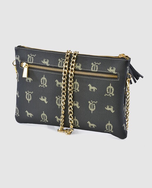 Cartera de mano grande de piel negro de mujer con bolsillo exterior. Hecho en España.