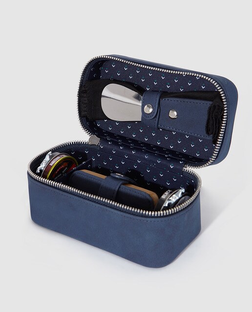 Set de limpieza de calzado para viaje en estuche azul con cremallera