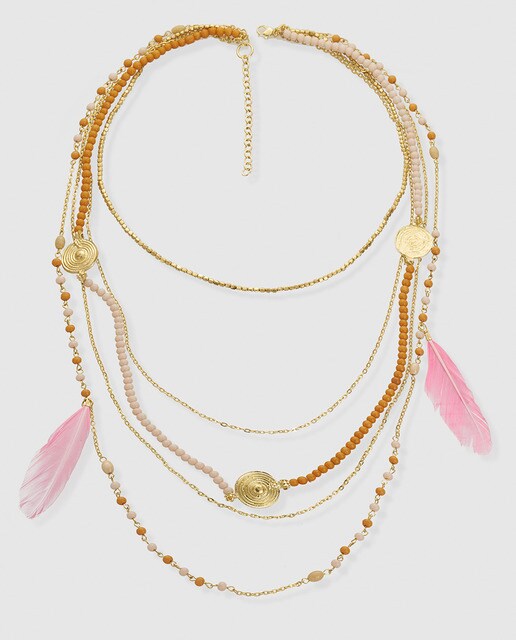 Collar El Corte Inglés dorado con plumas rosas