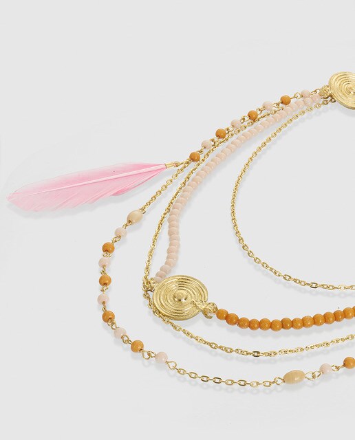 Collar El Corte Inglés dorado con plumas rosas