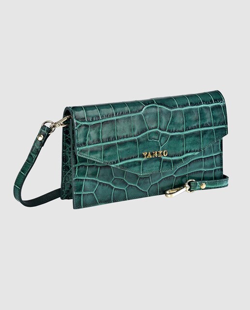 Cartera de mujer en piel grabada de color verde con solapa