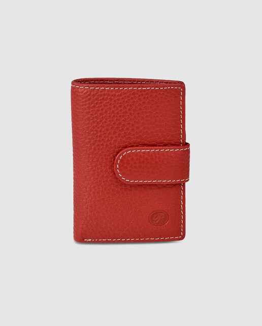 Tarjetero de hombre en piel granulada de color rojo con broche