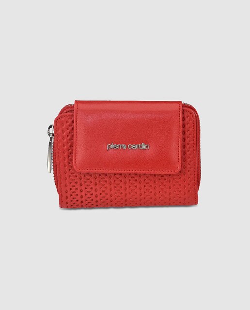 Cartera pequeña de mujer en piel roja troquelada con solapa