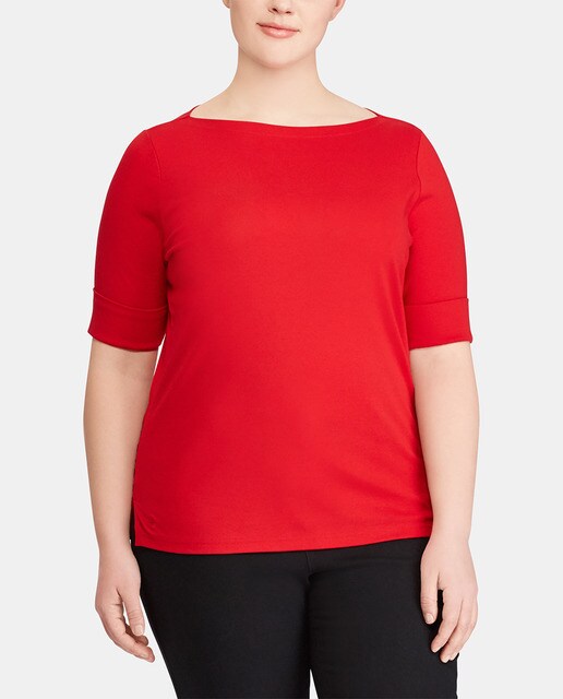 Camiseta roja de mujer talla grande Lauren Ralph Lauren con escote barco