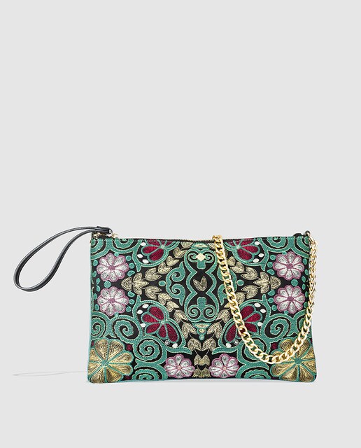 Cartera de mano de fiesta Volum de tejido bordado floral verde