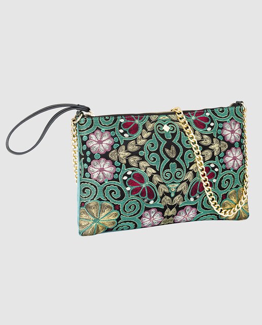 Cartera de mano de fiesta Volum de tejido bordado floral verde