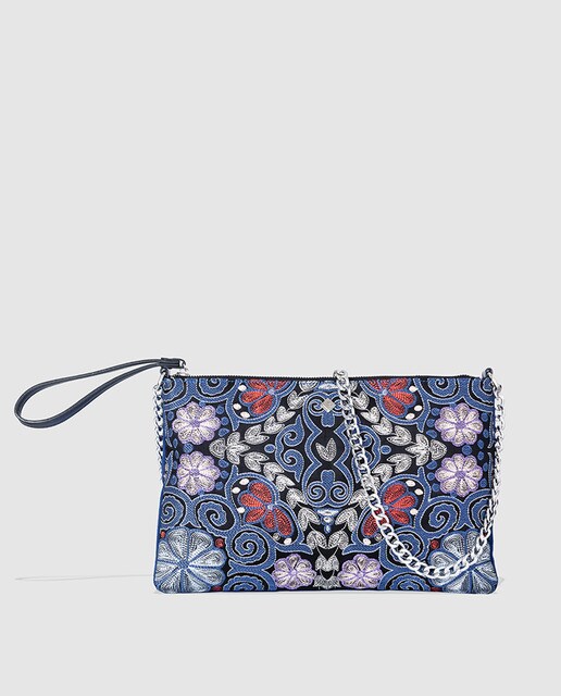 Cartera de mano de fiesta Volum de tejido bordado floral azul