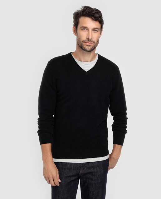 Jersey de lana 100% cashmere de hombre Emidio Tucci negro con el cuello de pico