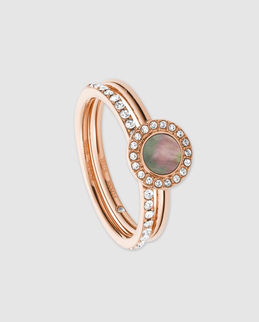 Anillo Fossil Teal Jade de acero rosa y madreperla