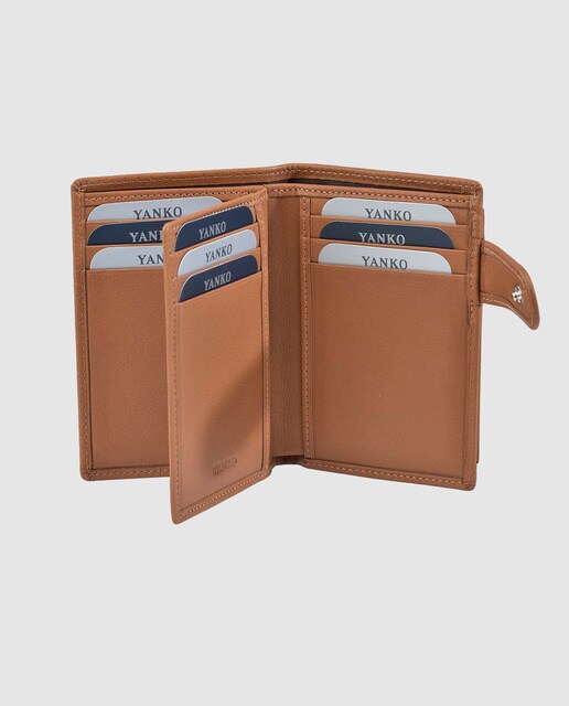 Cartera de hombre Yanko de piel grabada en camel con monedero