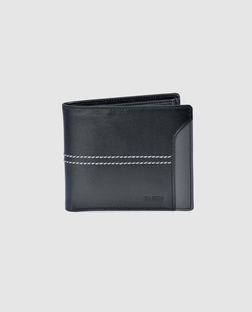Cartera tipo americano de hombre Yanko de piel en negro con grabado de la marca