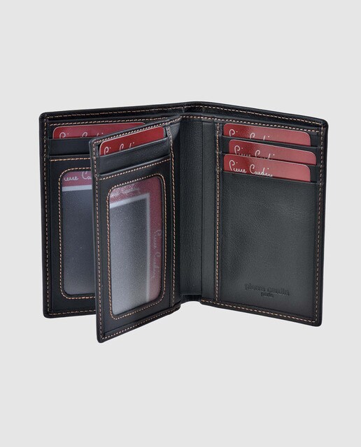Cartera vertical de hombre Pierre Cardin de piel en negro con pespuntes a contraste