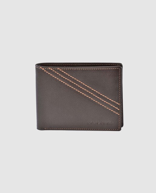 Cartera de hombre Pierre Cardin de piel en marrón con pespuntes a contraste