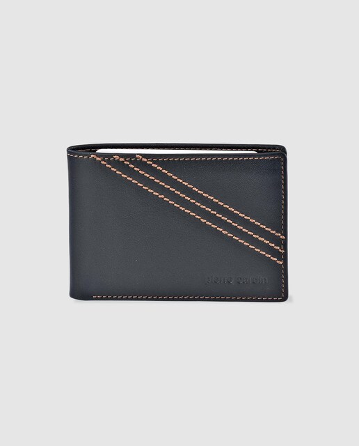 Cartera pequeña de hombre Pierre Cardin de piel en negro con pespuntes