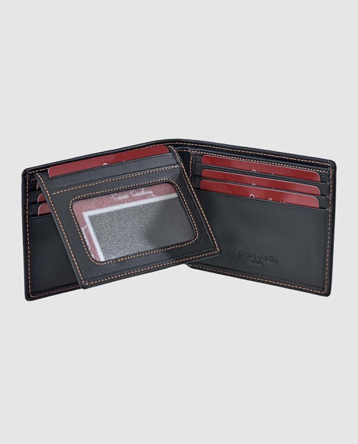 Cartera pequeña de hombre Pierre Cardin de piel en negro con pespuntes