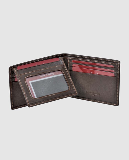 Cartera pequeña de hombre Pierre Cardin de piel en marrón con pespuntes