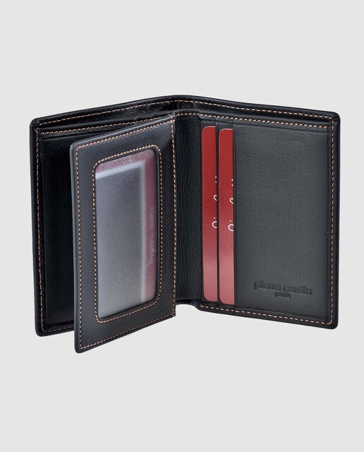 Cartera vertical pequeña de hombre Pierre Cardin de piel en negro con pespuntes a contraste