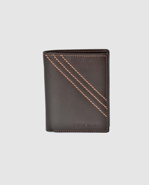 Cartera vertical pequeña de hombre Pierre Cardin de piel en marrón con pespuntes a contraste