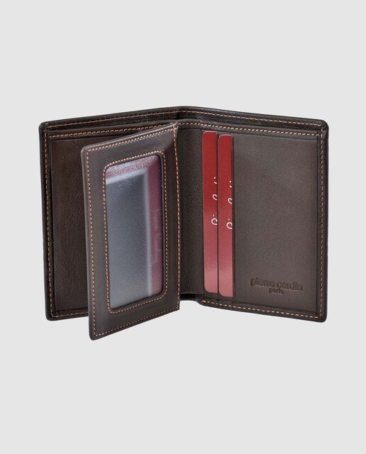 Cartera vertical pequeña de hombre Pierre Cardin de piel en marrón con pespuntes a contraste