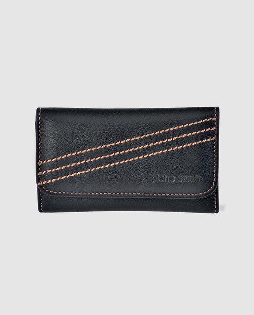 Llavero de hombre Pierre Cardin de piel en negro con pespuntes a contraste