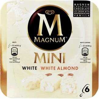 Magnum Mini Gelado de Chocolate Branco com Amêndoa e de Chocolate Branco Pack 6 embalagem 55 ml
