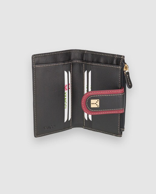 Cartera de mujer Yancci de piel vacuna en negro con compartimento de cremallera