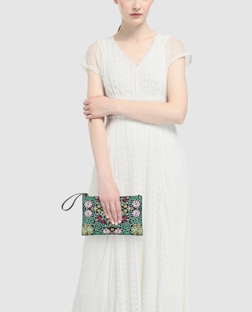 Cartera de mano de fiesta Volum de tejido bordado floral verde