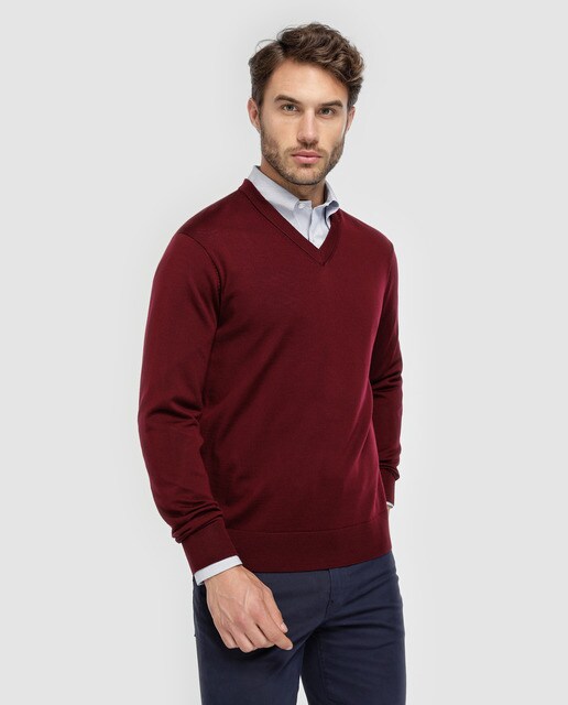 Jersey de lana fina merino de hombre Brooks Brothers granate con el cuello de pico