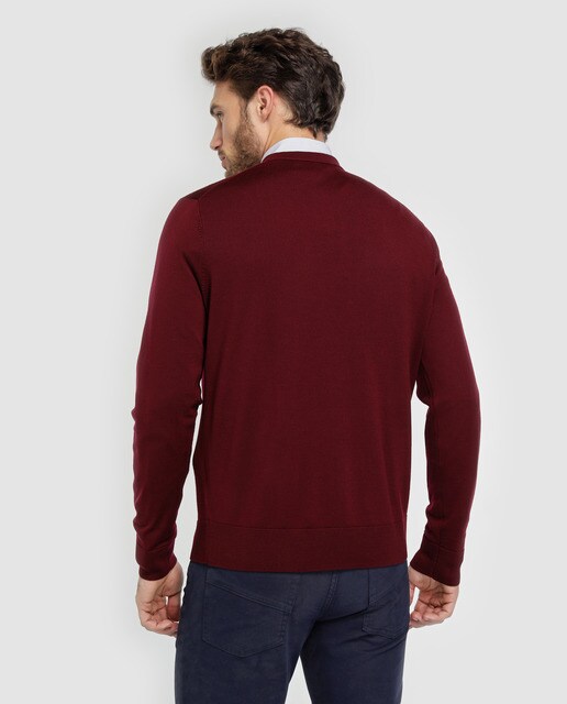 Jersey de lana fina merino de hombre Brooks Brothers granate con el cuello de pico
