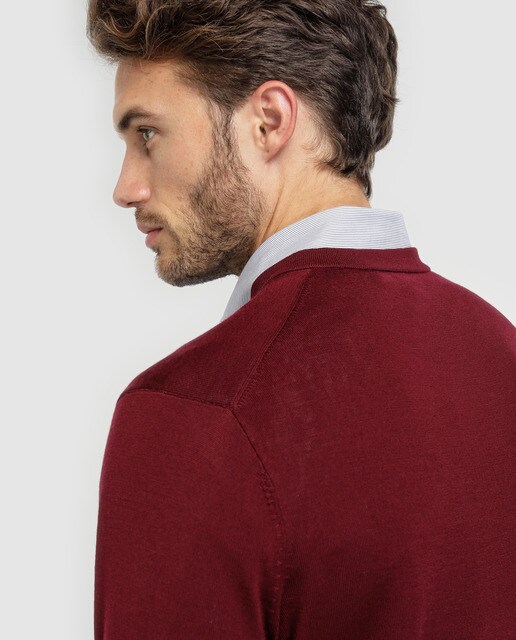 Jersey de lana fina merino de hombre Brooks Brothers granate con el cuello de pico