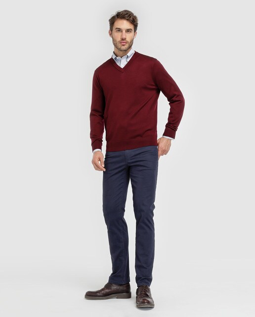 Jersey de lana fina merino de hombre Brooks Brothers granate con el cuello de pico