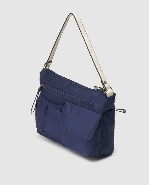 Bolso de hombro Piel Morena de nylon en azul con bolsillos exteriores
