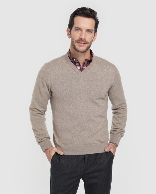 Jersey de cashmere de hombre Brooks Brothers beige con el cuello de pico