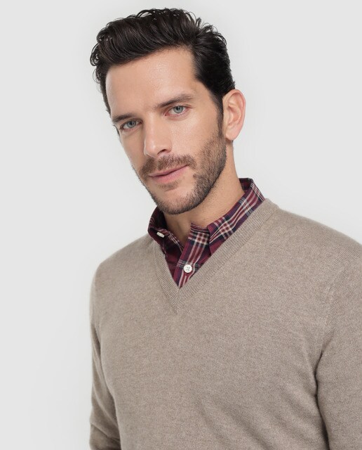 Jersey de cashmere de hombre Brooks Brothers beige con el cuello de pico