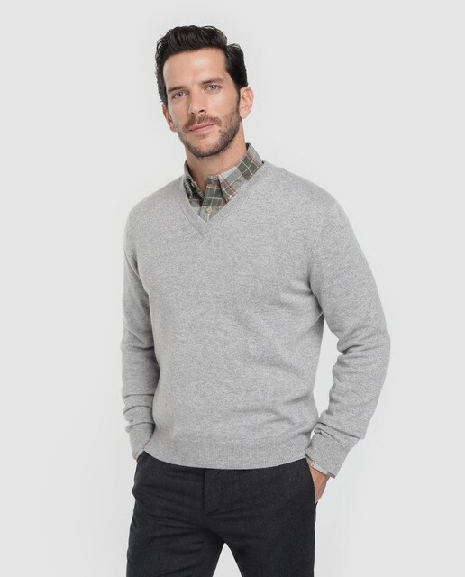 Jersey de cashmere de hombre Brooks Brothers gris con el cuello de pico