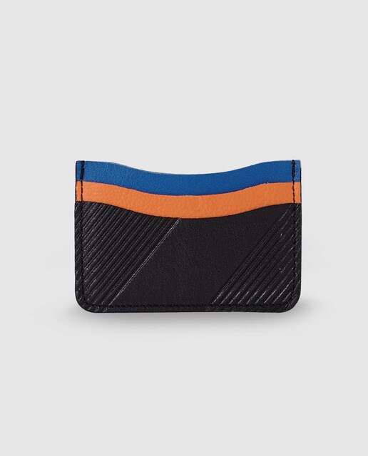 Tarjetero de hombre Alep de piel negro con detalle en azul y naranja
