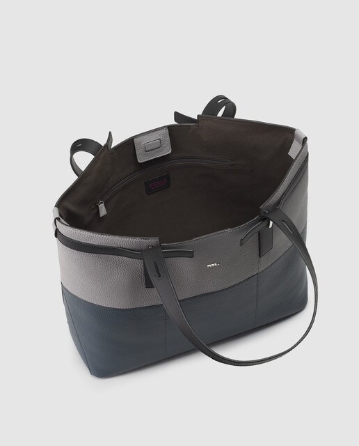 Tote grande Furla Fiamma de piel bicolor en gris y blanco con imán