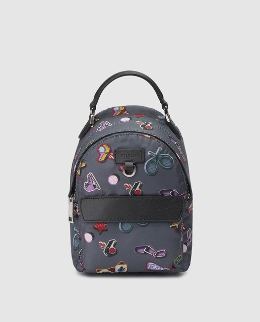 Bandolera mini de mujer Furla Favola de nylon y piel en gris con estampado all over