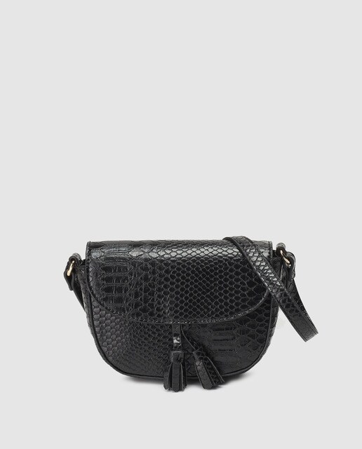 Bandolera mini de mujer El Corte Inglés en negro con grabado de serpiente