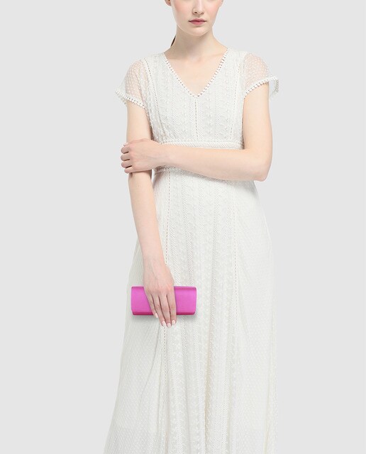 Cartera de mano de fiesta Menbur estilo baguette de raso en color rosa fucsia