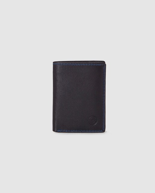 Cartera vertical de hombre Miguel Bellido de piel en negro con pespuntes azules