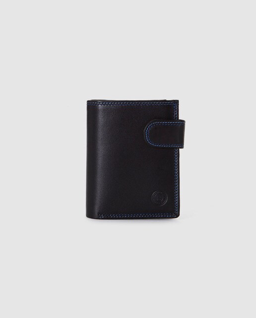 Cartera vertical de hombre Miguel Bellido de piel en negro con pespuntes azules