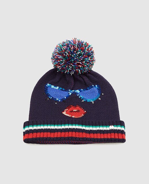 Gorro de mujer Esprit de punto en azul marino con pompón XL