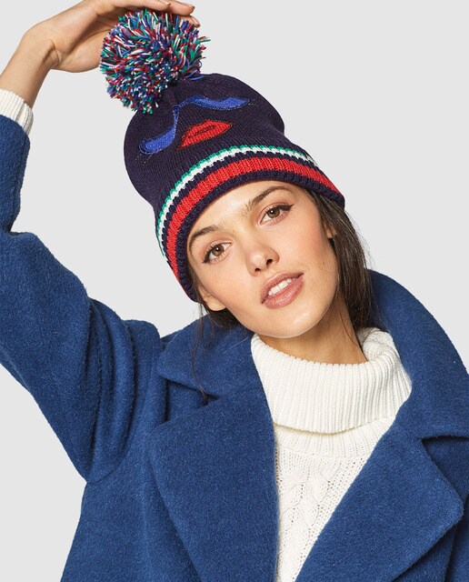 Gorro de mujer Esprit de punto en azul marino con pompón XL