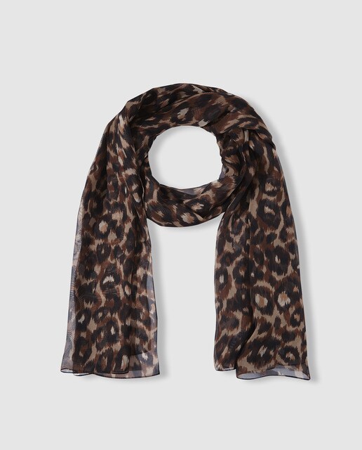 Fular El Corte Inglés en chiffon de seda marrón con animal print