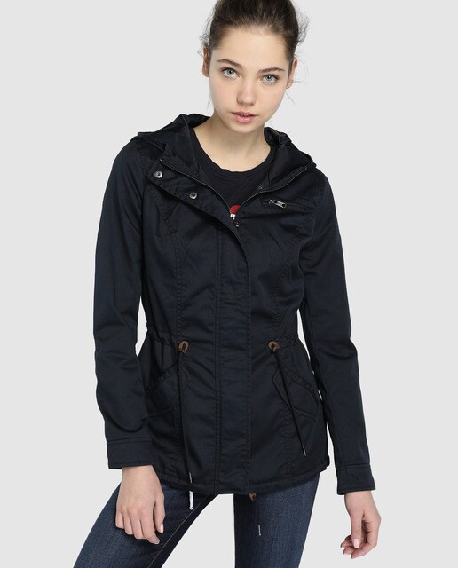 Parka de mujer con capucha y cintura fruncida