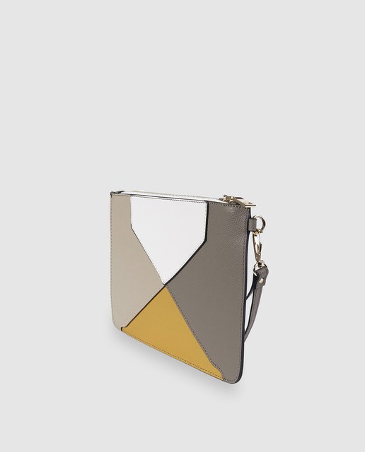 Pouch El Corte Inglés con patchwork tricolor en mostaza, blanco y topo