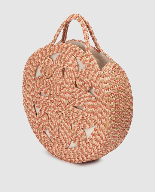 Capazo redondo Sans Arcidet de rafia trenzada tricolor en coral, natural y beige