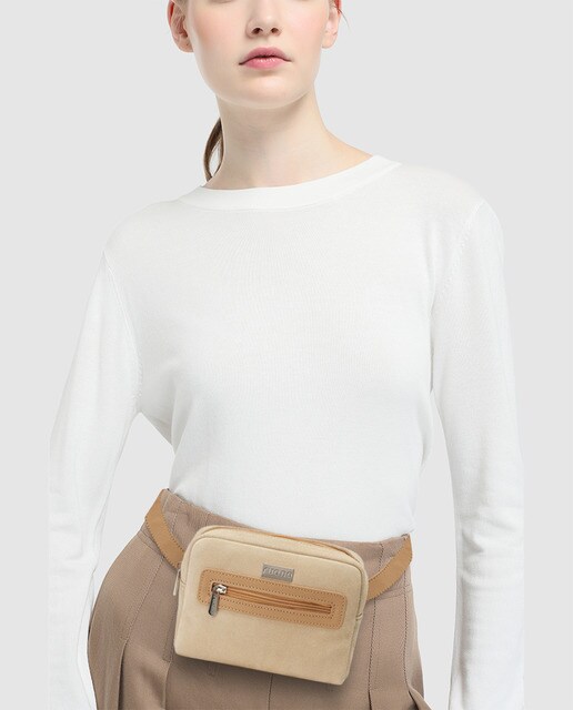 Riñonera de mujer Ruano de serraje beige con cremallera