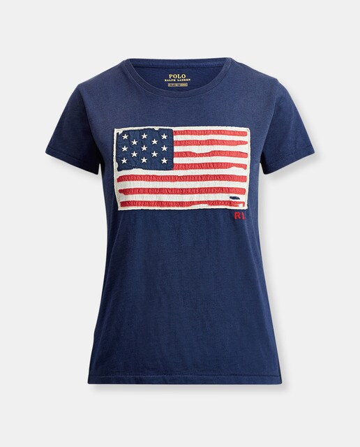 Camiseta de mujer Polo Ralph Lauren en azul con bandera en delantero